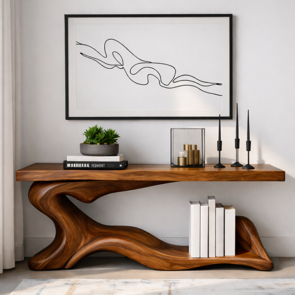 Handcrafted Solid Wood Console Table with Sculptural Organic Base and Modern Minimalist Design