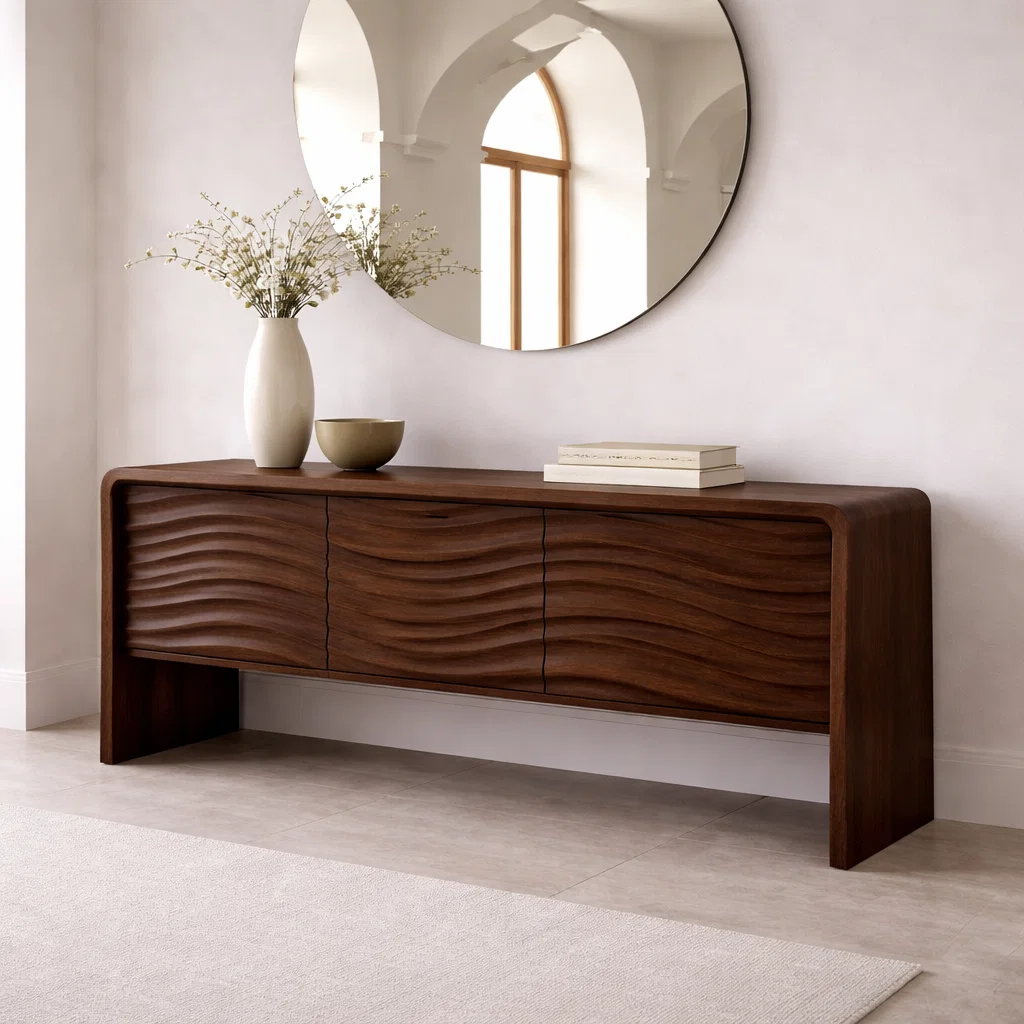 Solid Wood Console Table with Curved Frame and Wave Front – Modern Sideboard