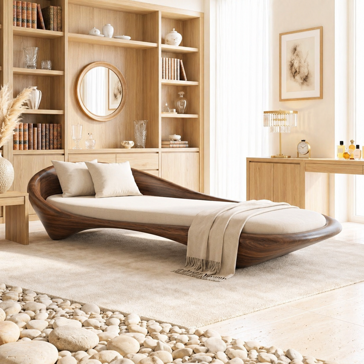 Luxury Curved Chaise Lounge Sculptural Daybed with Cushion for Bedroom Decor