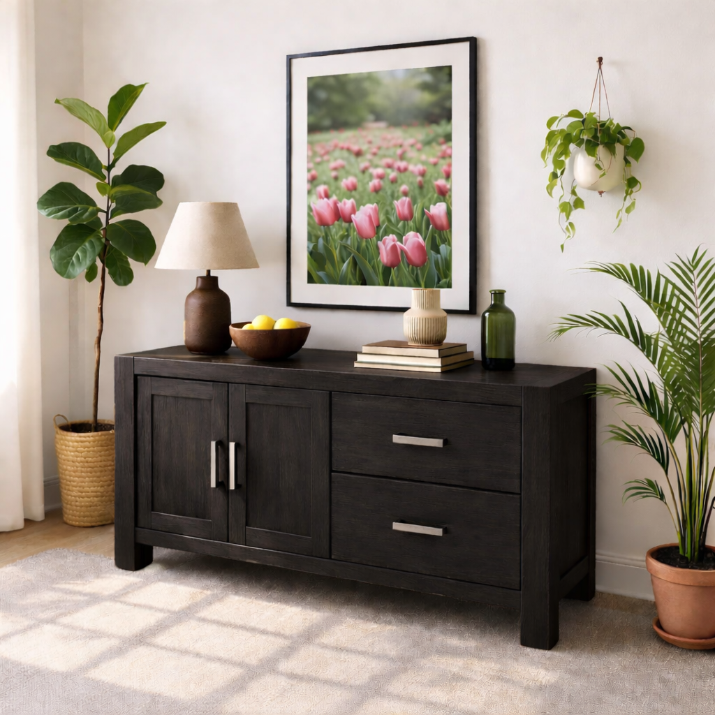 Solid Wood Console Table, Modern Wood Buffet Console with Doors and Drawers Storage