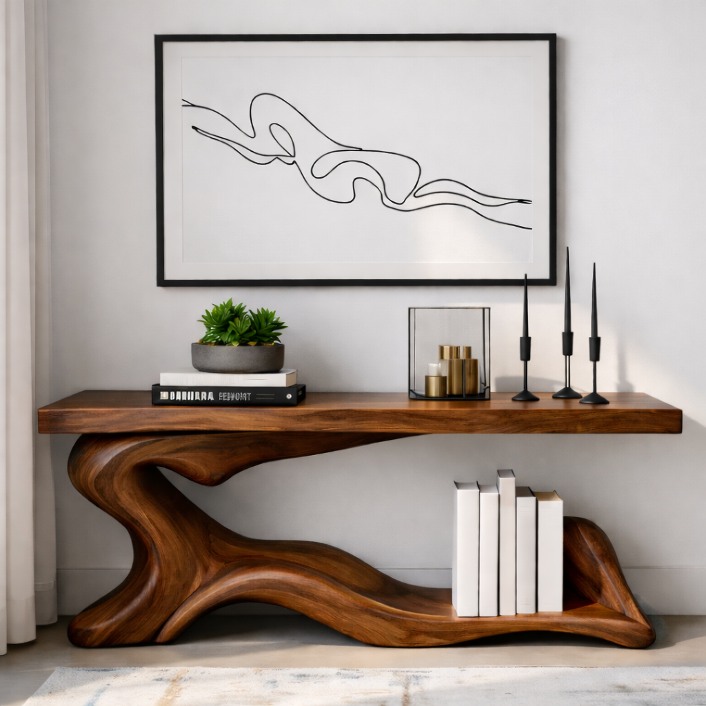 Handcrafted Solid Wood Console Table with Sculptural Organic Base and Modern Minimalist Design
