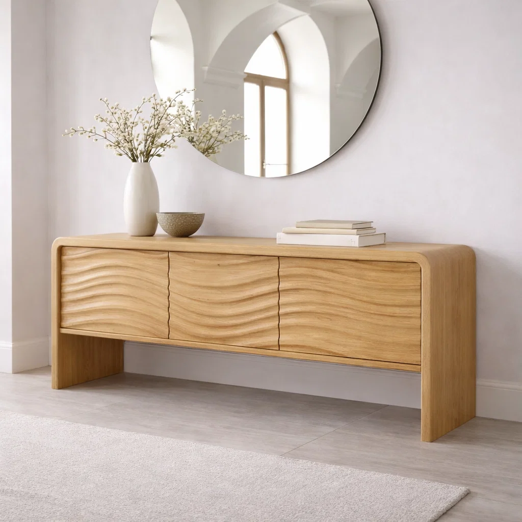 Solid Wood Console Table with Curved Frame and Wave Front – Modern Sideboard