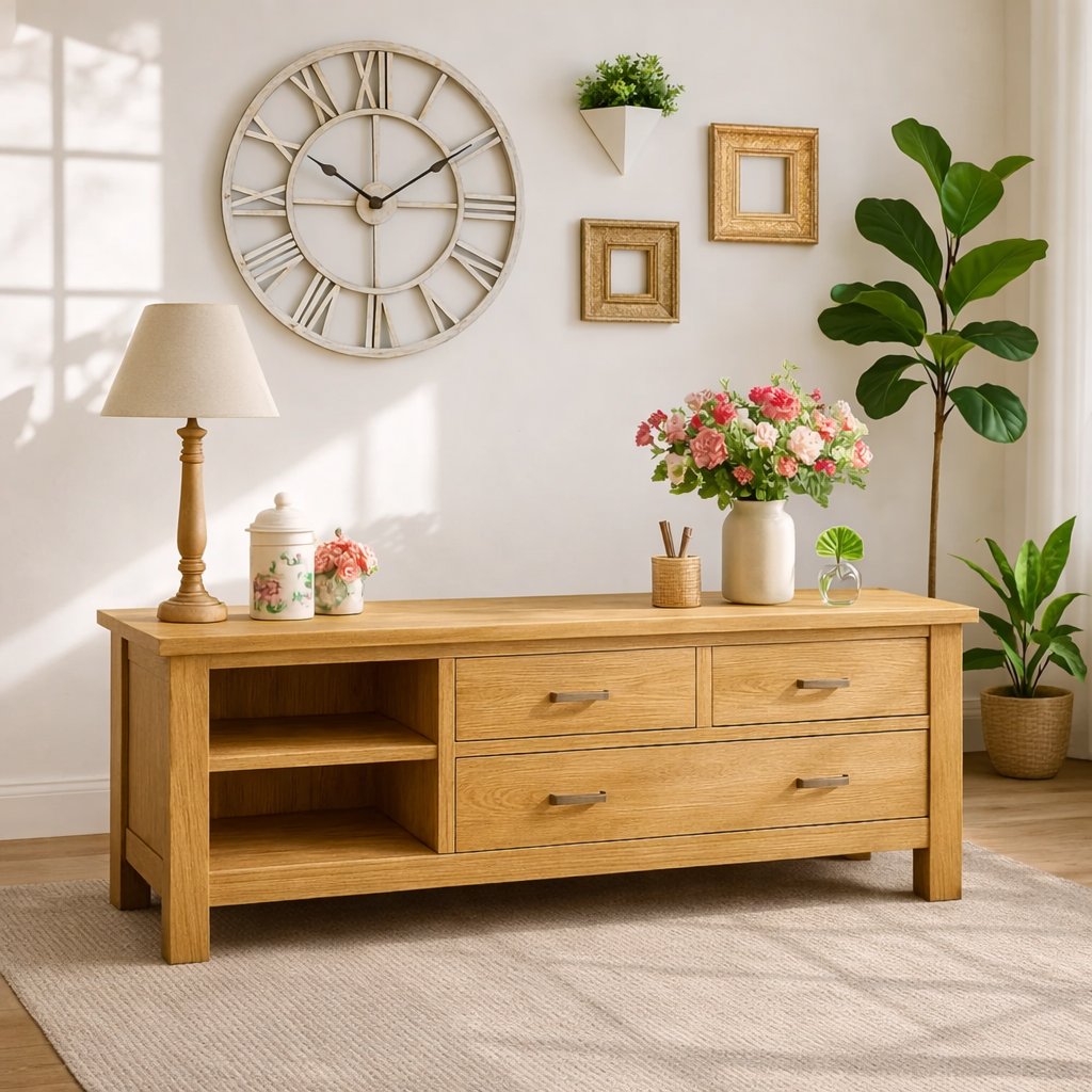 Solid Wood Console Table with Drawers, Farmhouse Wood Media Cabinet with Storage