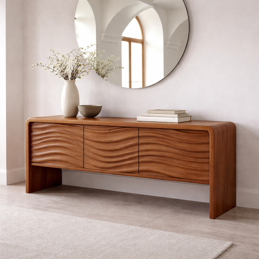 Solid Wood Console Table with Curved Frame and Wave Front – Modern Sideboard