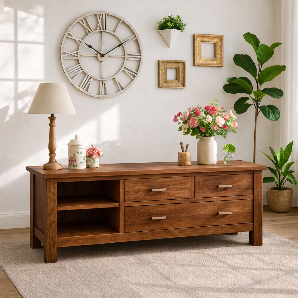 Solid Wood Console Table with Drawers, Farmhouse Wood Media Cabinet with Storage
