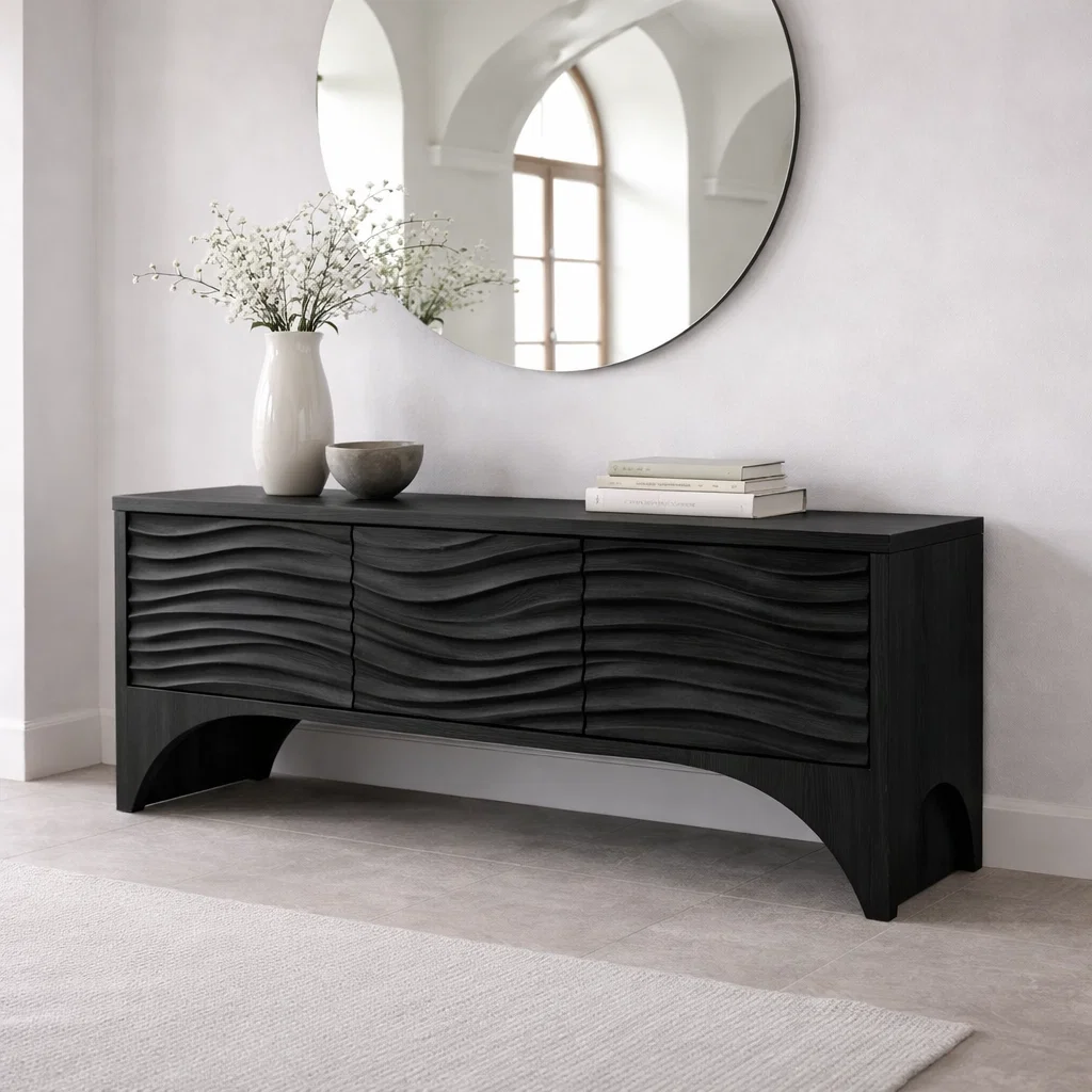 Solid Wood Console Table with Wave Front Drawers – Modern Entryway Storage Cabinet