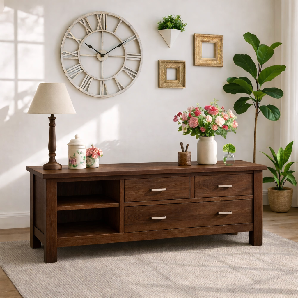 Solid Wood Console Table with Drawers, Farmhouse Wood Media Cabinet with Storage