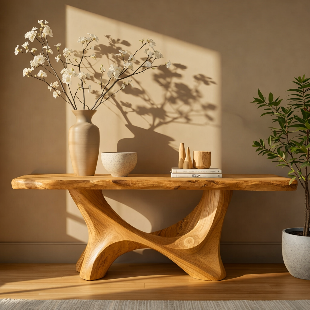 Handcrafted Solid Wood Console Table with Sculptural Organic Base and Live Edge Natural Finish