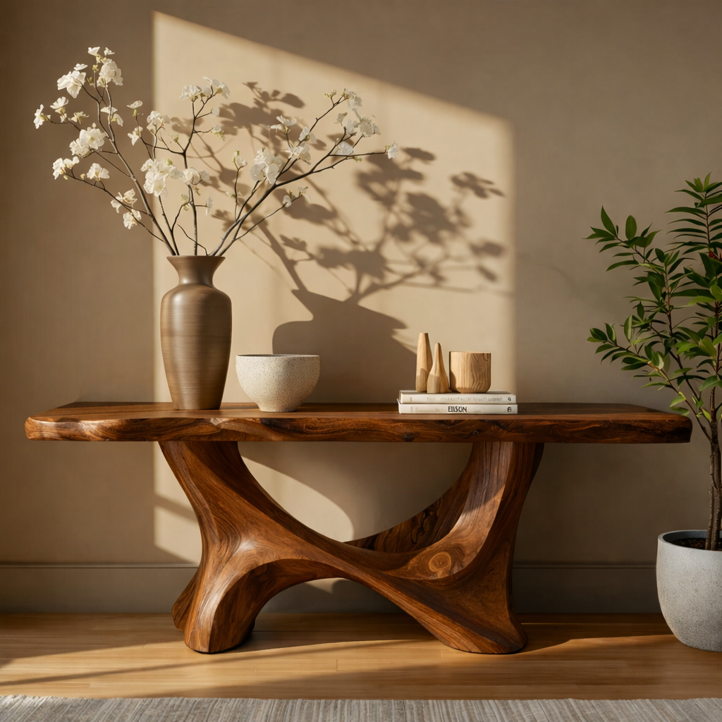 Handcrafted Solid Wood Console Table with Sculptural Organic Base and Live Edge Natural Finish