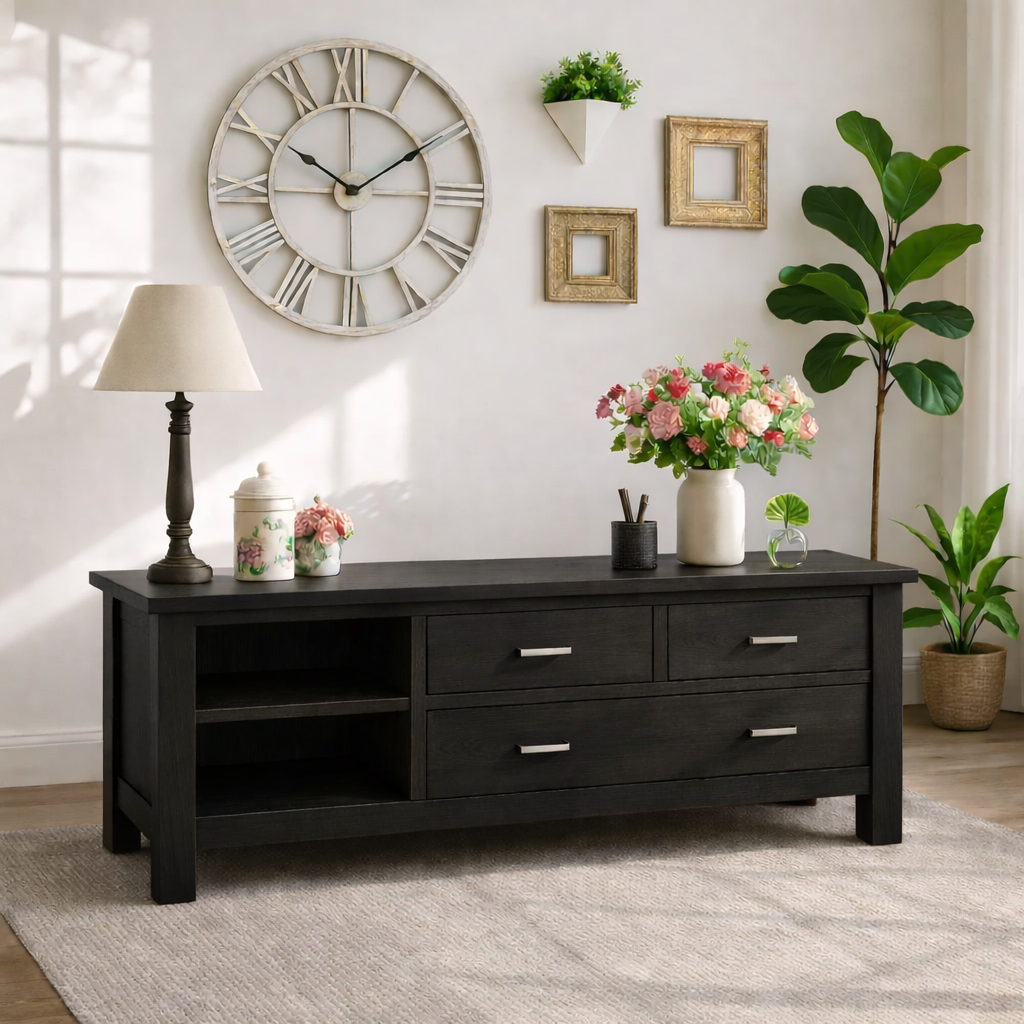 Solid Wood Console Table with Drawers, Farmhouse Wood Media Cabinet with Storage
