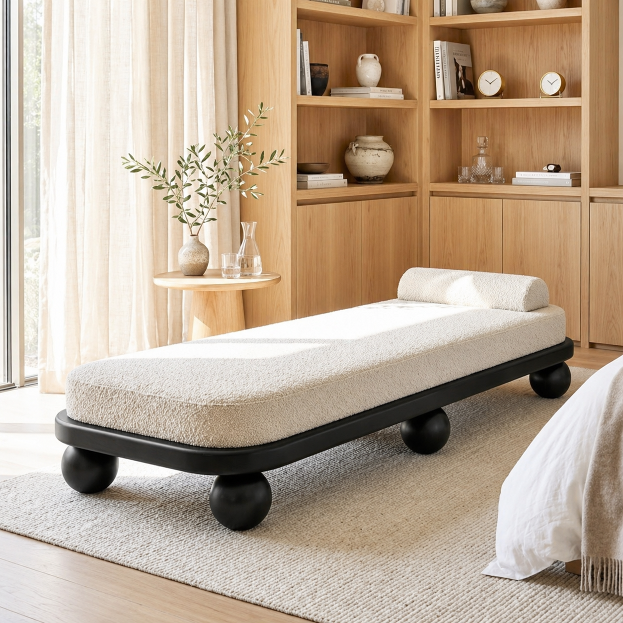 Modern Upholstered Daybed With Rounded Frame, Sculptural Ball Legs, Bedroom Lounge