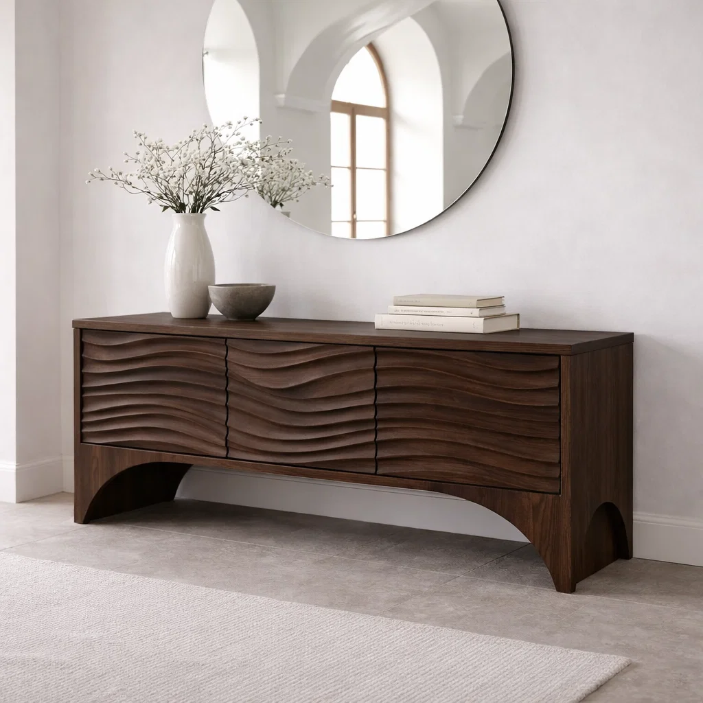 Solid Wood Console Table with Wave Front Drawers – Modern Entryway Storage Cabinet
