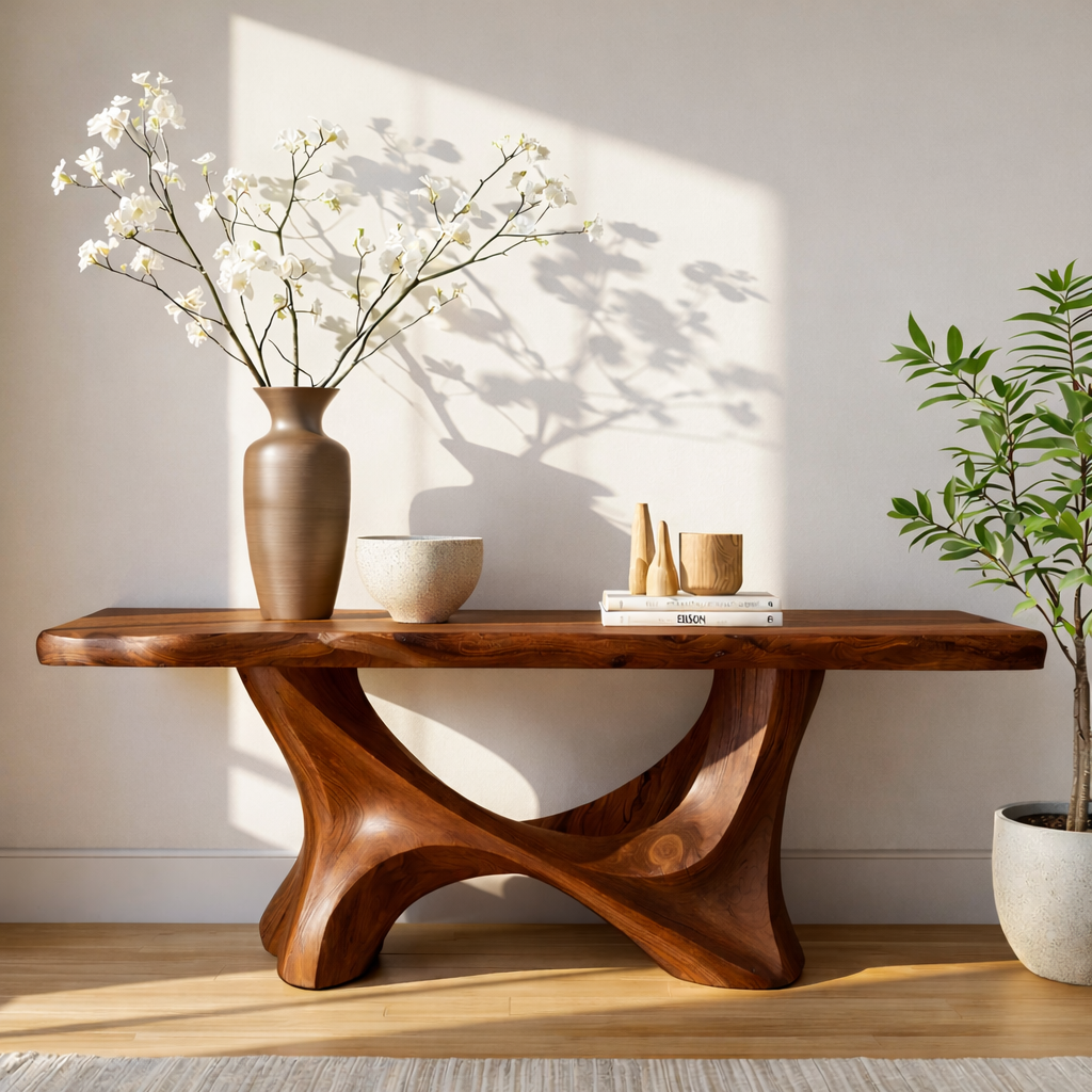 Handcrafted Solid Wood Console Table with Sculptural Organic Base and Live Edge Natural Finish