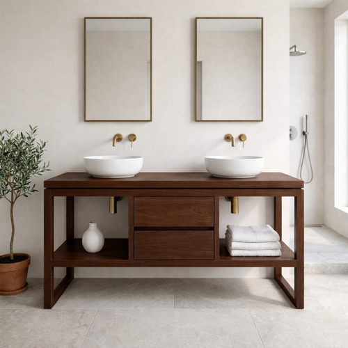 Bathroom Vanity Cabinet Double Sink Open Shelf Modern Solid Wood Base