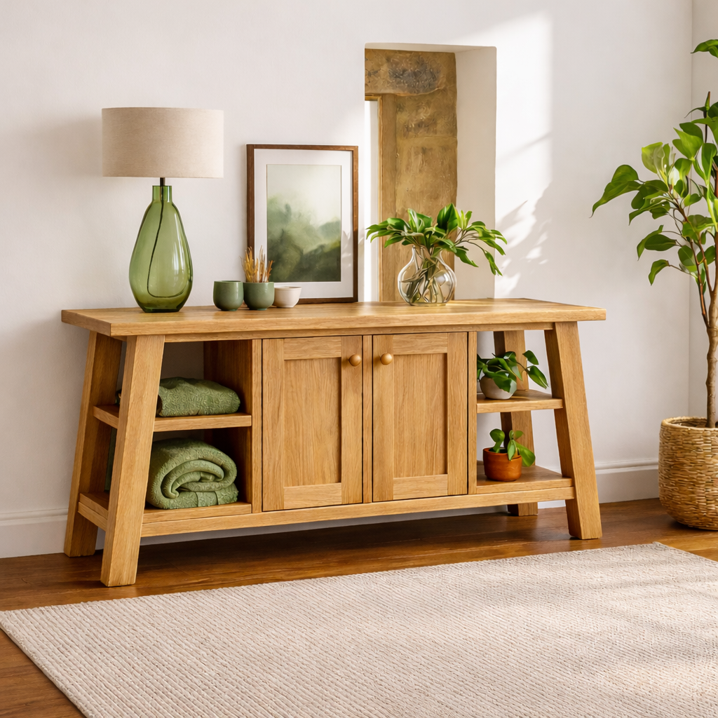 Modern Solid Wood Sideboard Cabinet, Farmhouse Buffet Storage Console with Shelves and Doors