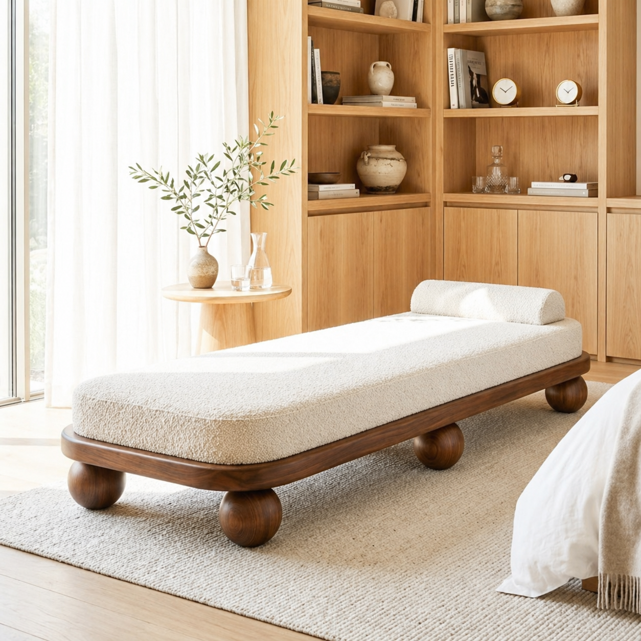 Modern Upholstered Daybed With Rounded Frame, Sculptural Ball Legs, Bedroom Lounge