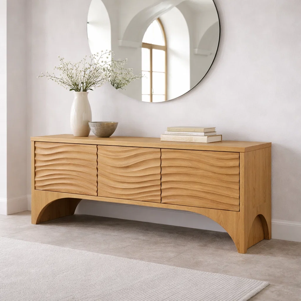 Solid Wood Console Table with Wave Front Drawers – Modern Entryway Storage Cabinet