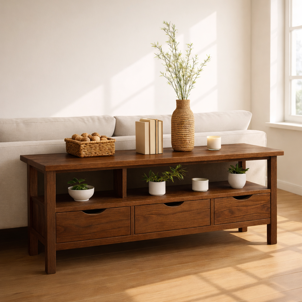 Solid Wood Console Table with Drawers and Shelf, Modern Entryway Sofa Table Wood Storage Cabinet