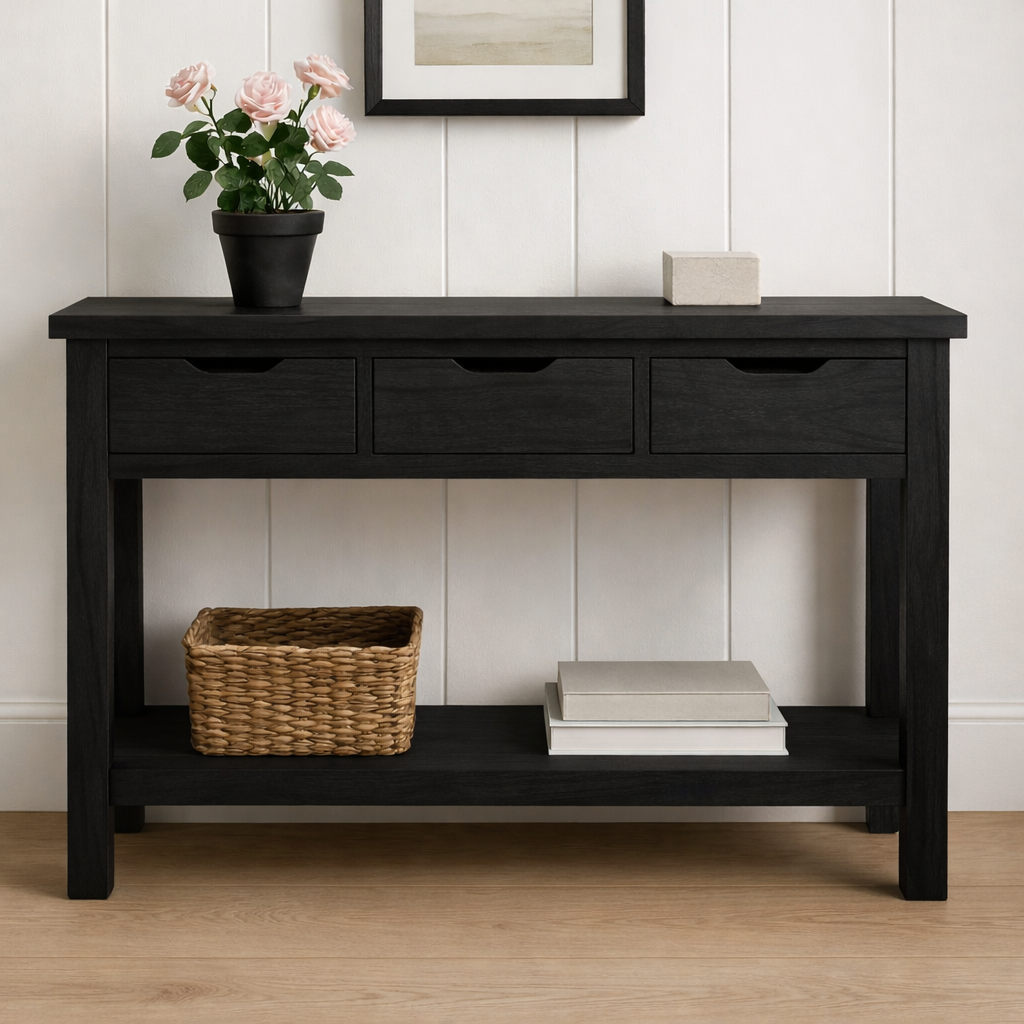 Rustic Wooden Console Table with Storage Drawers and Bottom Shelf for Entryway