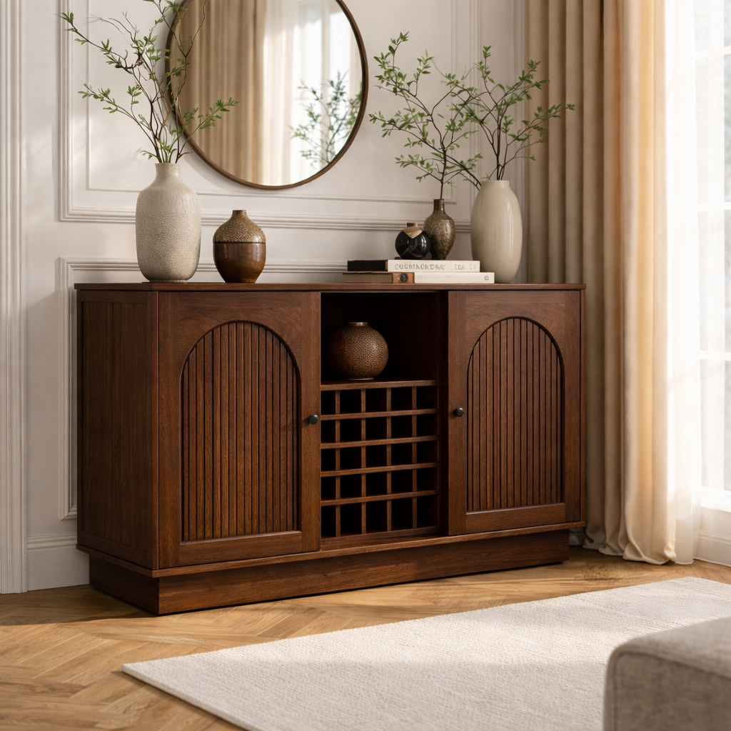 Arched Slatted Wood Wine Cabinet with Bottle Rack Modern Bar Storage