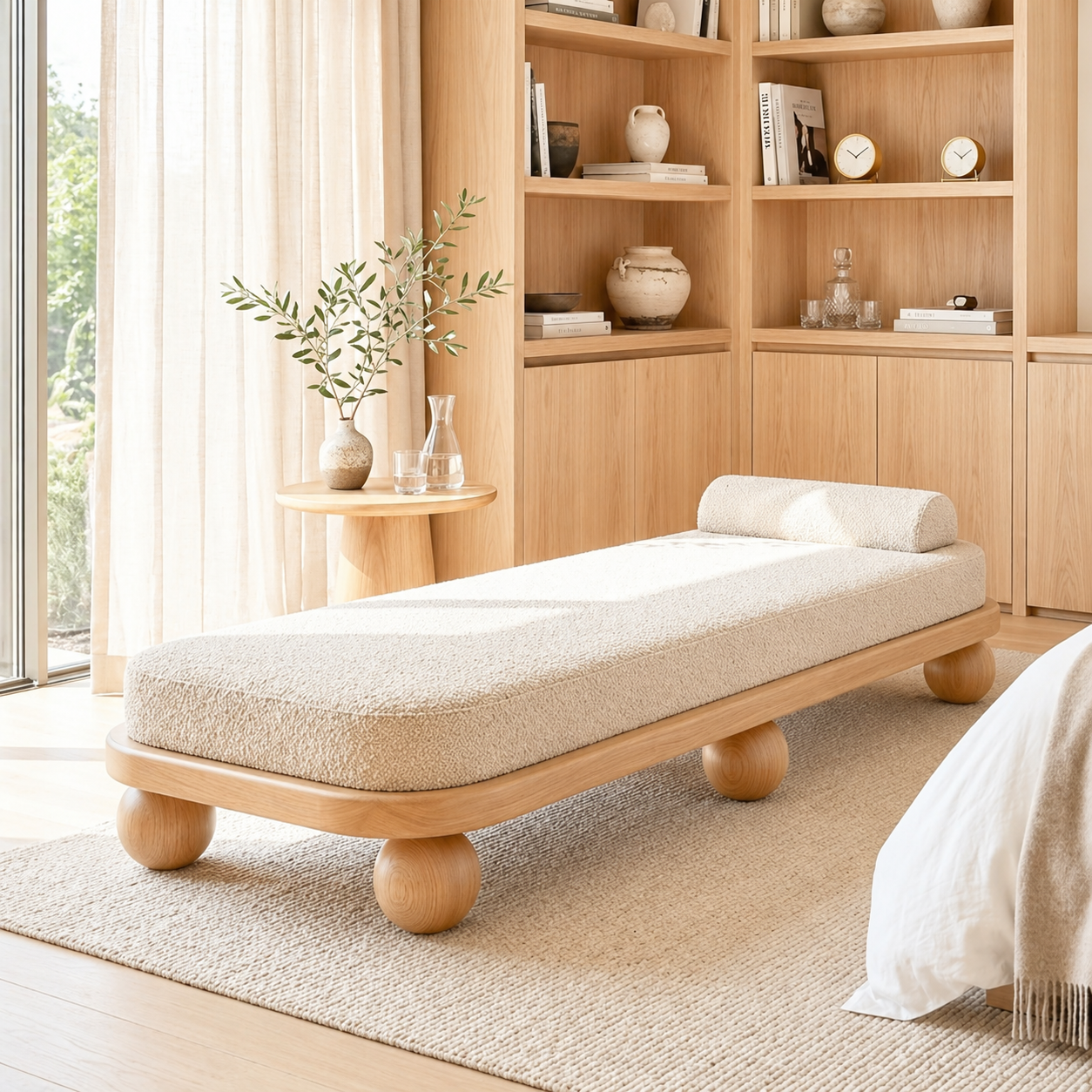 Modern Upholstered Daybed With Rounded Frame, Sculptural Ball Legs, Bedroom Lounge