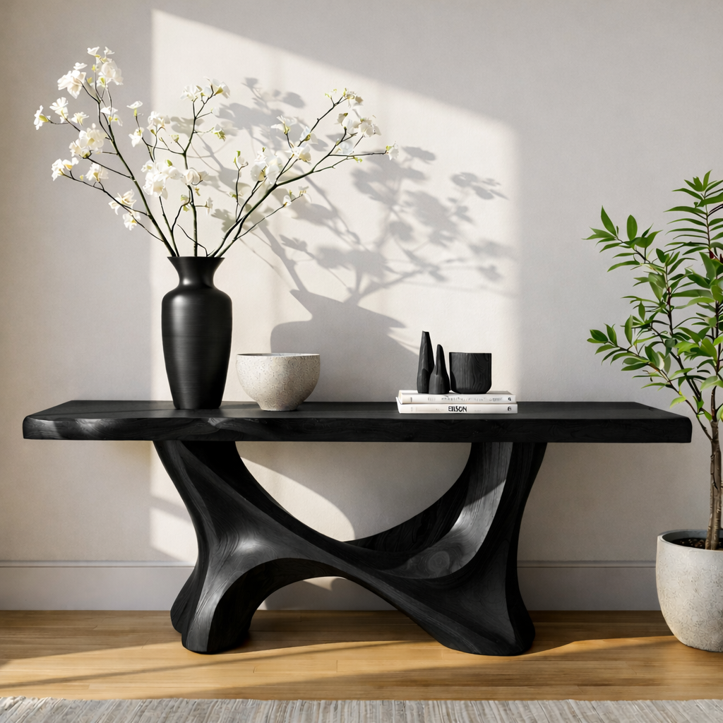 Handcrafted Solid Wood Console Table with Sculptural Organic Base and Live Edge Natural Finish