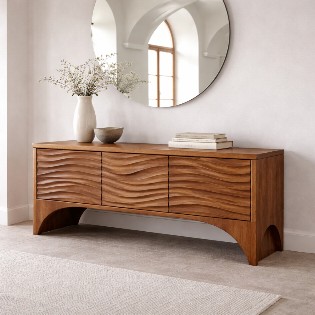 Solid Wood Console Table with Wave Front Drawers – Modern Entryway Storage Cabinet