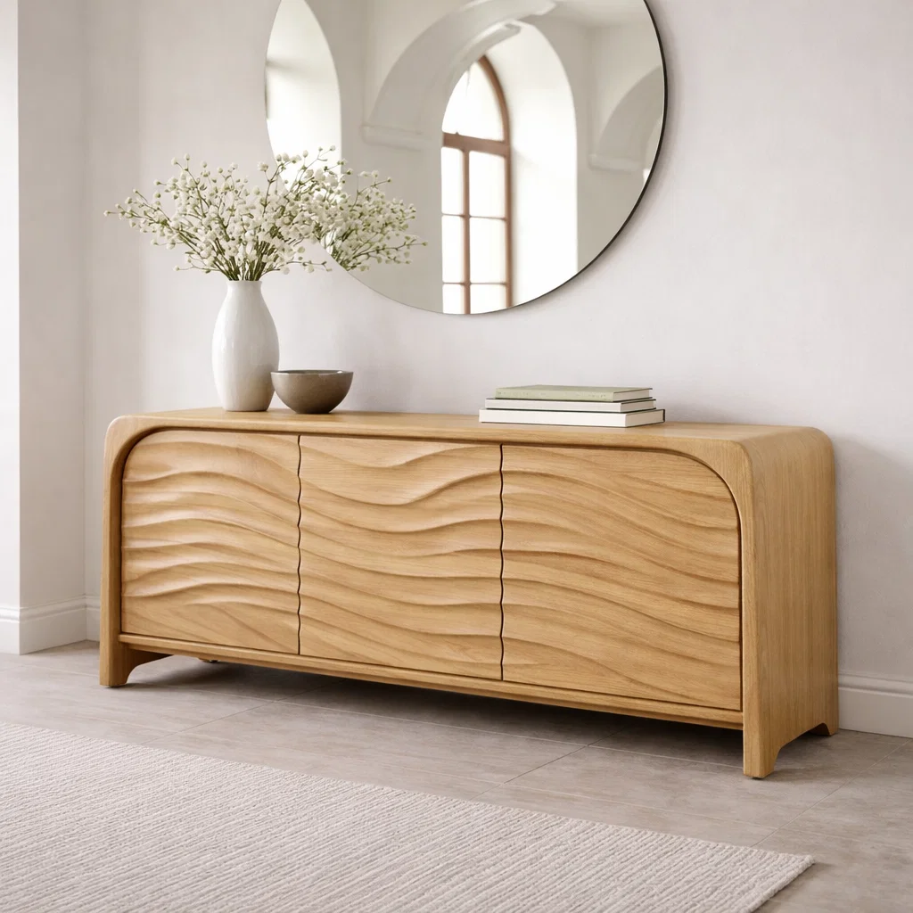 Solid Wood Console Table with Sculpted Wave Front – Modern Entryway Storage Cabinet