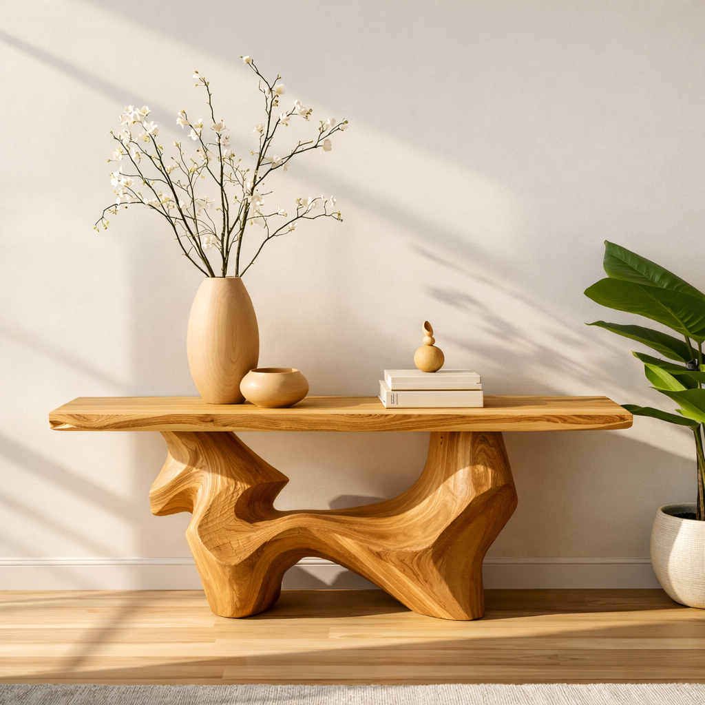 Handcrafted Solid Wood Console Table with Organic Curved Base and Natural Live Edge Design