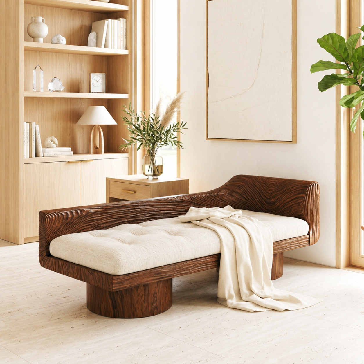 Dark Sculptural Daybed With Tufted Cushion, Curved Backrest, Bedroom Lounge Seat
