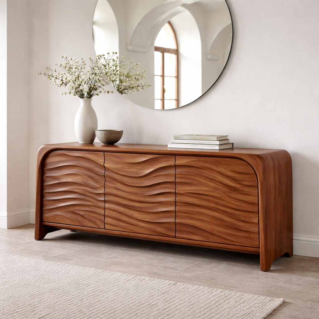 Solid Wood Console Table with Sculpted Wave Front – Modern Entryway Storage Cabinet