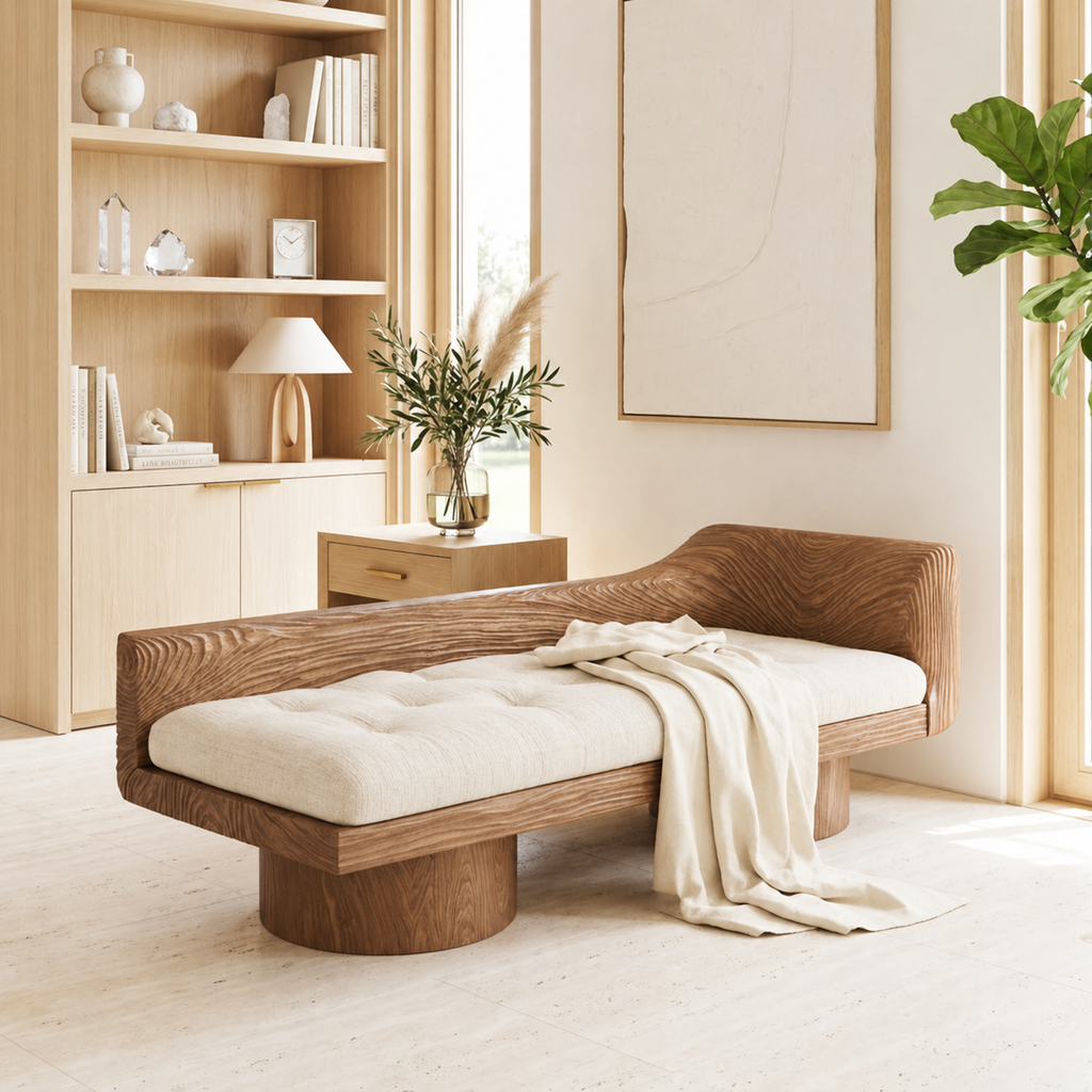 Dark Sculptural Daybed With Tufted Cushion, Curved Backrest, Bedroom Lounge Seat