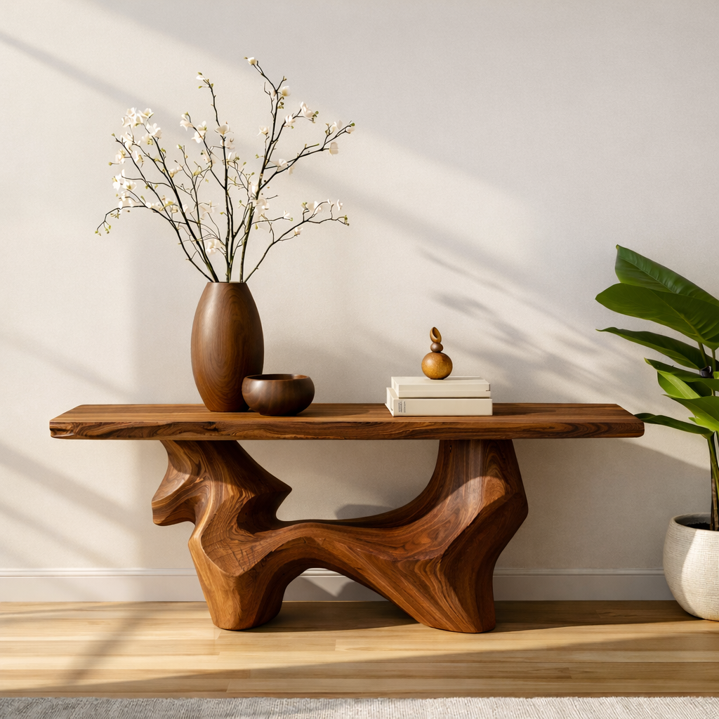 Handcrafted Solid Wood Console Table with Organic Curved Base and Natural Live Edge Design
