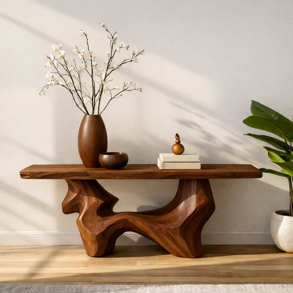 Handcrafted Solid Wood Console Table with Organic Curved Base and Natural Live Edge Design