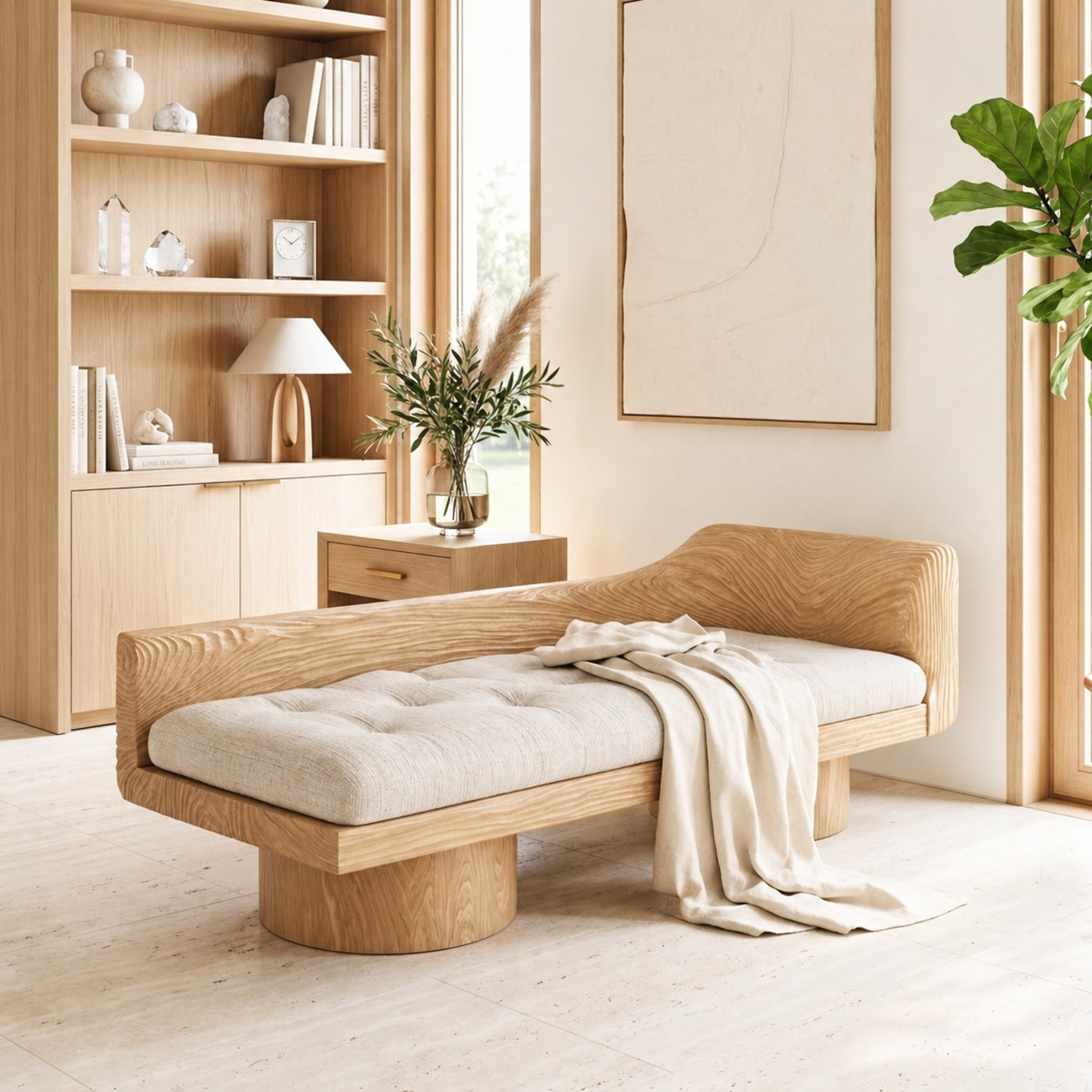 Dark Sculptural Daybed With Tufted Cushion, Curved Backrest, Bedroom Lounge Seat