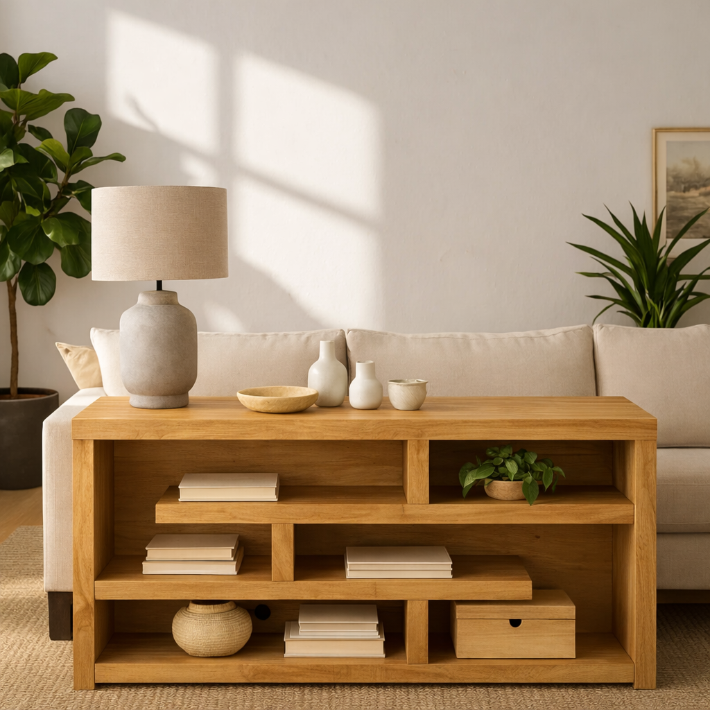 Modern Wood Console Table, Mid Century Media Console Cabinet with Open Storage Shelves