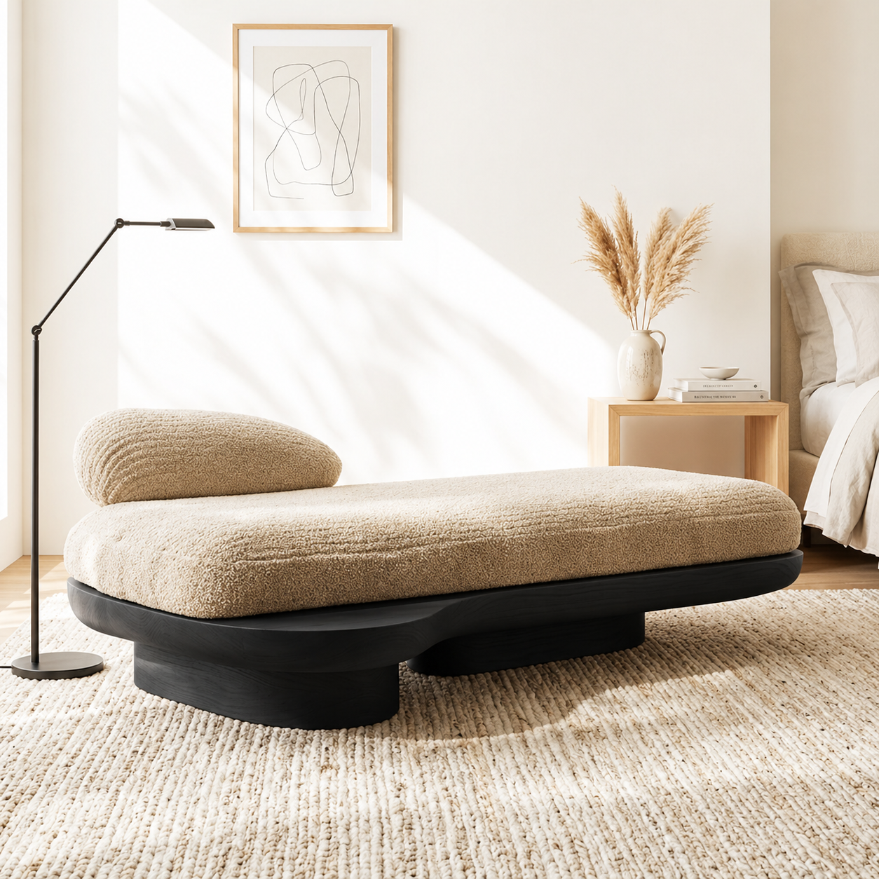 Sculptural Upholstered Daybed With Curved Base, Boucle Cushion, Bedroom Lounge Seat
