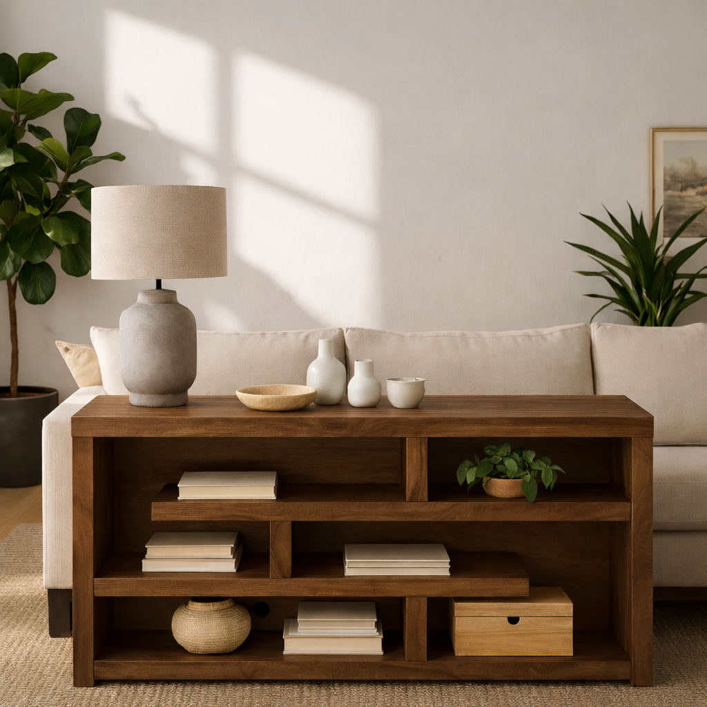 Modern Wood Console Table, Mid Century Media Console Cabinet with Open Storage Shelves