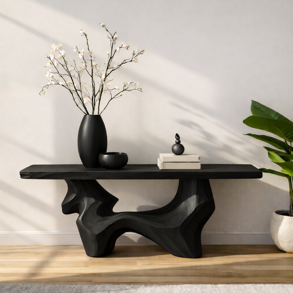 Handcrafted Solid Wood Console Table with Organic Curved Base and Natural Live Edge Design