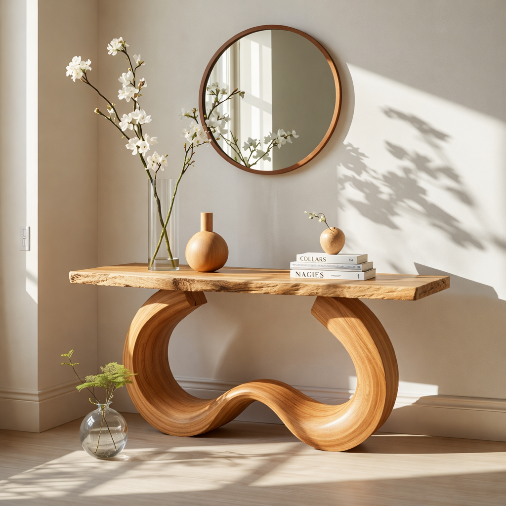 Handcrafted Solid Wood Console Table with Artistic Curved Base and Modern Minimalist Design