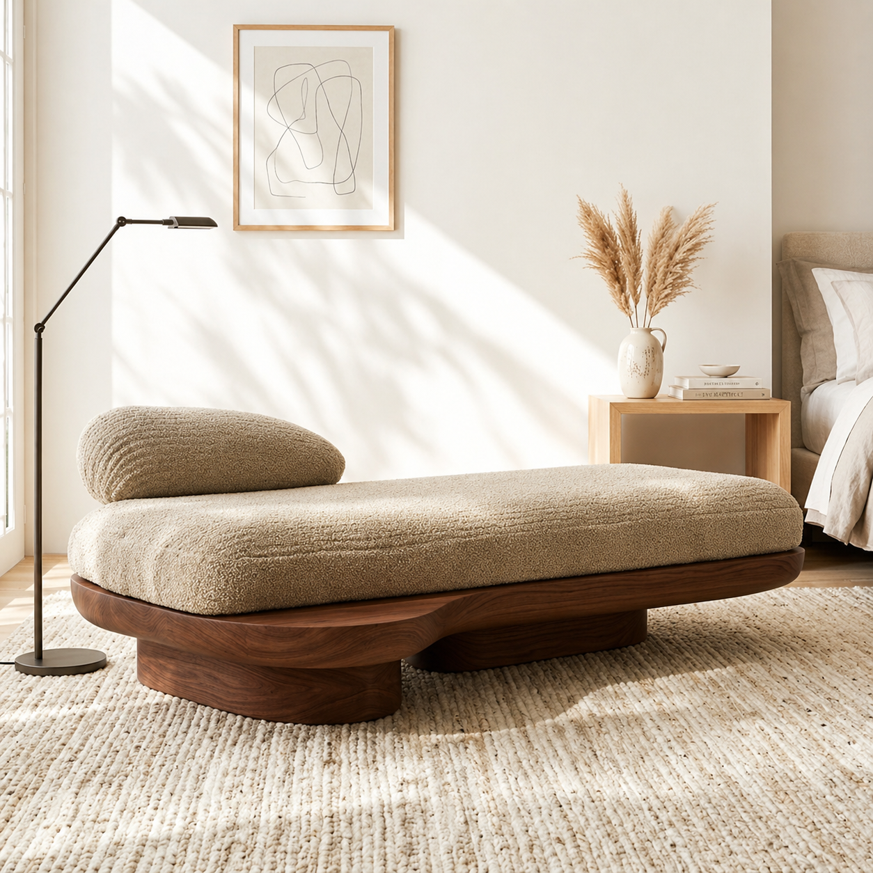 Sculptural Upholstered Daybed With Curved Base, Boucle Cushion, Bedroom Lounge Seat