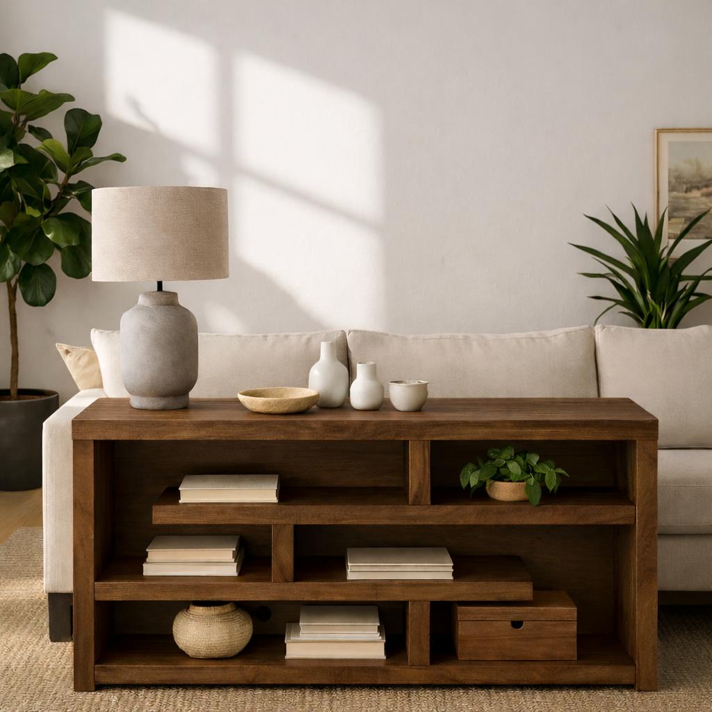 Modern Wood Console Table, Mid Century Media Console Cabinet with Open Storage Shelves