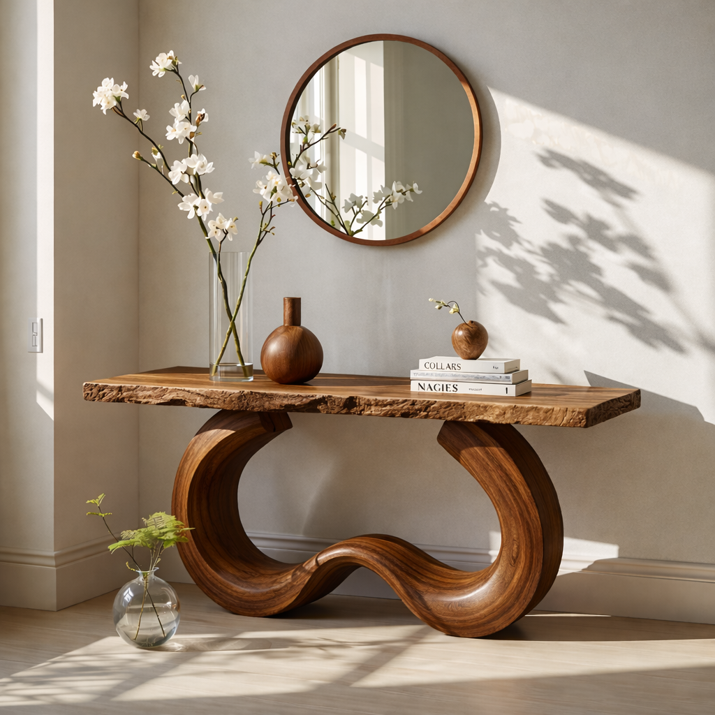 Handcrafted Solid Wood Console Table with Artistic Curved Base and Modern Minimalist Design