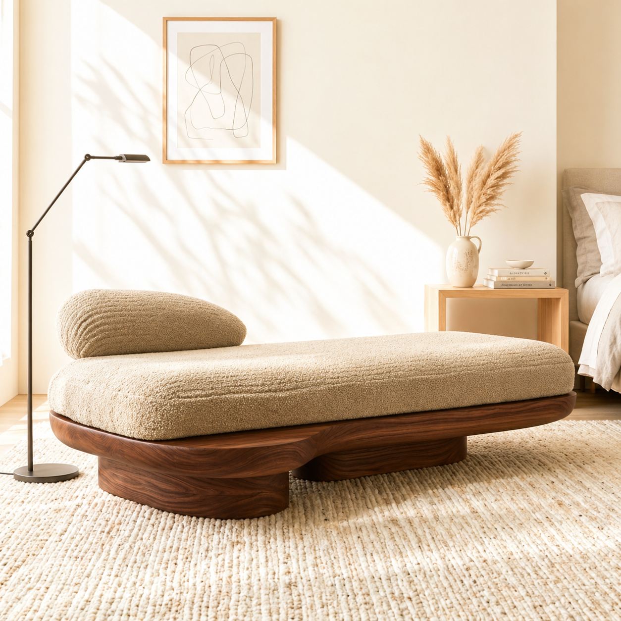 Sculptural Upholstered Daybed With Curved Base, Boucle Cushion, Bedroom Lounge Seat