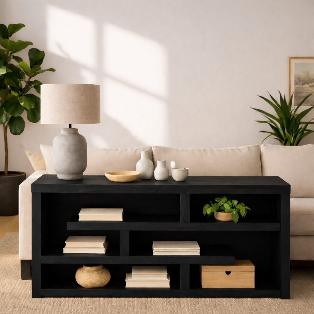 Modern Wood Console Table, Mid Century Media Console Cabinet with Open Storage Shelves