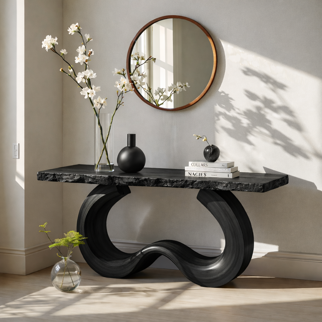 Handcrafted Solid Wood Console Table with Artistic Curved Base and Modern Minimalist Design