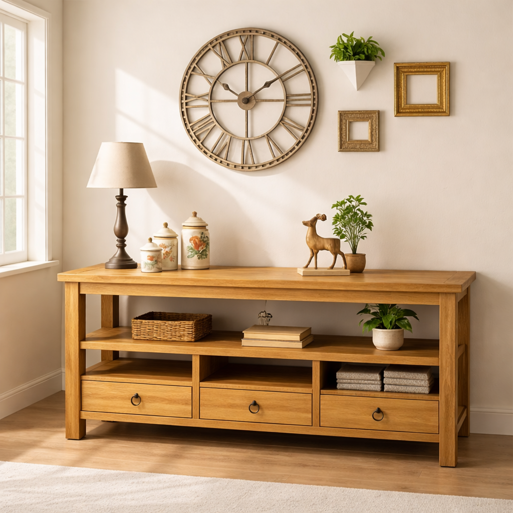 Solid Wood Console Table with Drawers, Rustic Oak Media Console Table with Open Shelves