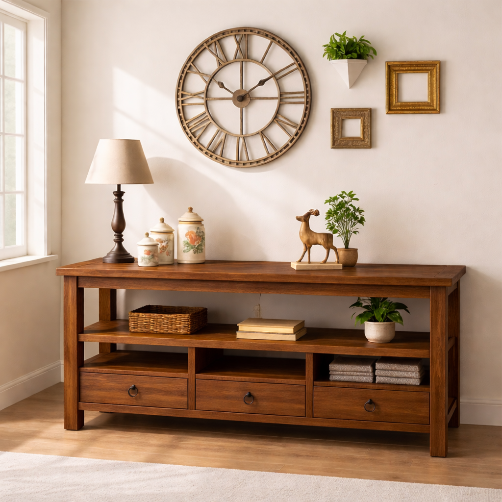 Solid Wood Console Table with Drawers, Rustic Oak Media Console Table with Open Shelves