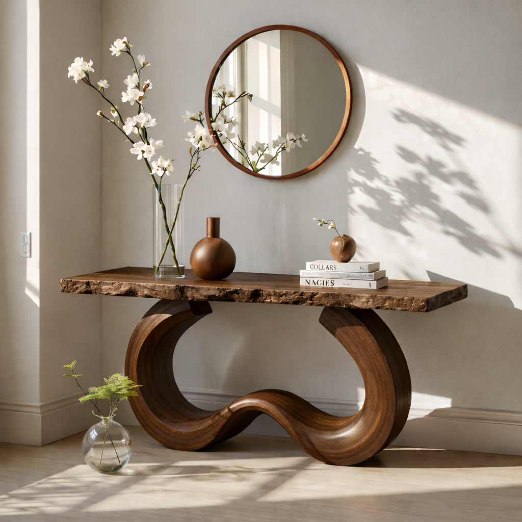 Handcrafted Solid Wood Console Table with Artistic Curved Base and Modern Minimalist Design