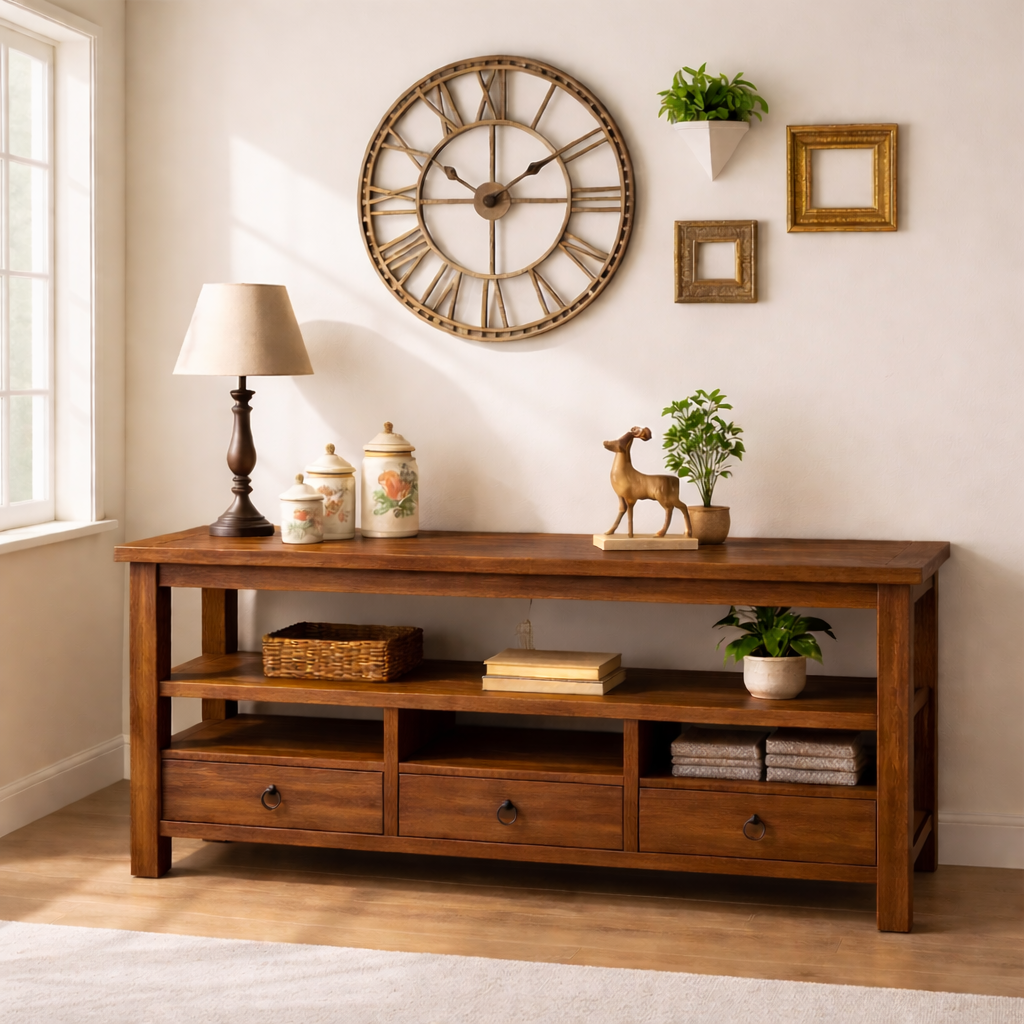 Solid Wood Console Table with Drawers, Rustic Oak Media Console Table with Open Shelves